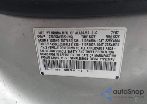 2007 Honda Odyssey Touring z USA, uszkodzony, nr VIN 5FNRL38897B108364